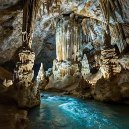 beautiful huge cave with stalactites, stalagmites, underwater glittering river, volumetric light, by greg rutkowski