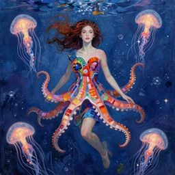 a beautiful girl underwater wearing a colourful octopus as a dress and surrounded by glowing jellyfish, painted by gustave klimt, edgar maxence, edward hopper, wayne barlowe, james gilleard and james jean