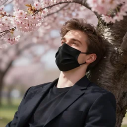 hd photograph of european young man wearing black medical mask, relaxing under a cherry blossom tree, summer day, in the style of ilya kuvshinov, dramatic lighting, fantasy, intricate, elegant, highly detailed, lifelike, photorealistic, digital painting, bokeh, high resolution, artstation, concept art, smooth, sharp focus, art by krenz cushart and albert aublet