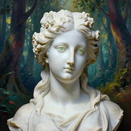 a portrait of idealistic marble statue with fractal flowery hair and white fair porcelain face and green eyes, in a magical forest, matte painting, painted by, mc escher, gordon onslow ford, georgia o'keeffe and ivan aivazovsky, cinematic light, god rays, colourful, unreal engine, zbrush central,