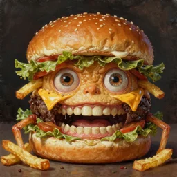 a onster with a head like a hamburger, burger with human eyes, burger with human mouth, teeth, very detailed eyes, french fries as arms, character concept art, fantasy, intricate, fantasy drawing, illustration, highly detailed, hyperrealistic, cgsociety, artstation, oil painting by greg rutkowski, by artgerm