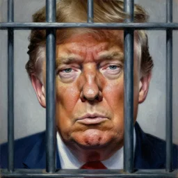 behind bars of jail gediminas pranckevicius | close up portrait of a the trump behind jail bars in the sinister valley of despair, one mouth, one nose, two eyes, oil painting by tomasz jedruszek, cinematic lighting, pen and ink, intricate line, hd, 4 k, million of likes, trending on artstation