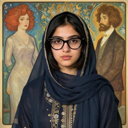 hyper realistic young hyderabadi muslim woman with short black hair and black cateye glasses by norman rockwell, hr giger, john sargent, mucha