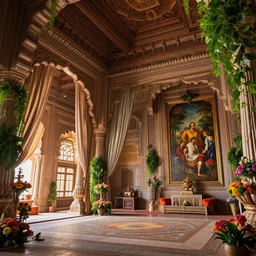 stunning & visually striking highly detailed, hyperrealistic, intricate interior of an ancient indian palace, with tall beams, curtains, large paintings in frames, greenery around the pillars, exotic flower arrangement in style of Peter Mohrbacher, unreal engine, trending on artstation, octane render, 4K