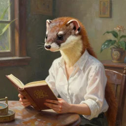 portrait painting of a weasel with its head in a human female body, wearing a white shirt, sits on a table reading a book by wenjun lin, irakli nadar, bright colors, octopath traveler, wenjun lin, unreal engine 5 highly rendered, global illumination, 9 radiant light, detailed and intricate environment