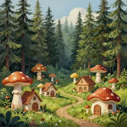 A beautiful painting of a pine forest with mushroom villages, where houses in the form of mushrooms, Digital Art, Trending on artstation