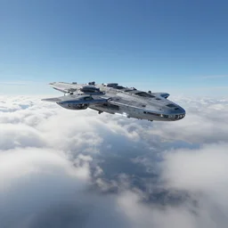 an alien ship hovers above a thick layer of clouds, blue sky above, concept art, unreal engine 3d