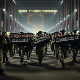 military march while holding giant keyboards, 4 k, photography, highly detailed, cinematic lighting