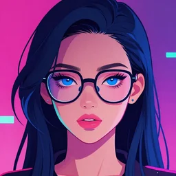 simple cyberpunk illustration of an attractive young woman with dark hair, blue eyes, thick rim glasses, symmetrical, quizzical, blade runner style, pink, blue, purple, teal, neon