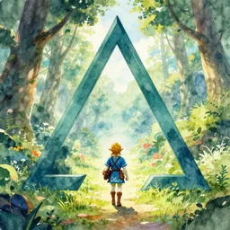 link from the legend of zelda walking through a tunnel in the shape of the triforce with a beautiful forest spreading beyond , watercolor painting, trending on artstation