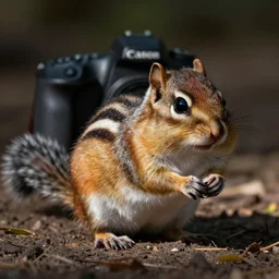 a dlsr canon shot of a cute chipmunkwith rainbow fur, photorealistic, ultrareal, zeiss lens, depth of field