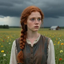 a country woman named Savannah Savage, innocent, sad blue eyes, freckles, long ginger hair in a messy braid, thoughtful in a field of flowers on a farm, gentle lighting, innocent mood, storm in the distance, somber, western clothing, dress, 8k hdr pixiv dslr photo by Makoto Shinkai ilya kuvshinov and Wojtek Fus, digital art, concept art,