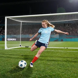 Sadie Sink as a professional football star, kicking a ball into a goal during penalties at the World Cup