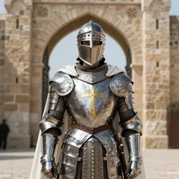 white man looking forward in iron decorated plate armor with golden cross on chest, cylindrical crusader great helm covering all his head and white silk cape covering his back and elbows standing at the gates of jerusalem drawn by greg rutkowski realistic high detail