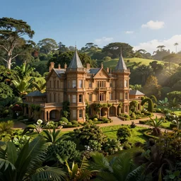 victorian country house on a hillside surrounded by jungle, cinematic view, blue sky, detailed, concept art, high angle, high detail, warm lighting, volumetric, godrays, vivid, trending on artstation, by jordan grimmer, art greg rutkowski