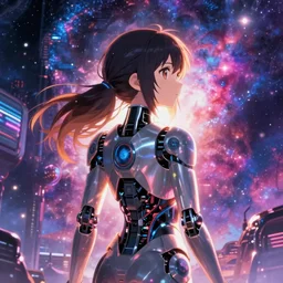 makoto shinkai. robotic android girl. futuristic cyberpunk. dystopia. vibrant nebula sky. facing away.