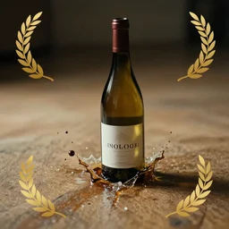 photography of a wine bottle hitting the floor, bottom part explode but bottle upper part remain clean, clear view on the label, cinematographic look, award photography