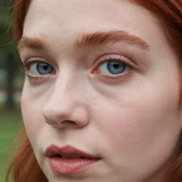 close up portrait photo of the left side of the face of a redhead woman with blue eyes and big black round pupils who looks directly at the camera. Slightly open mouth, face covers half of the frame, with a park visible in the background. 135mm nikon. Intricate. Very detailed 8k. Sharp. Cinematic post-processing. Award winning photography