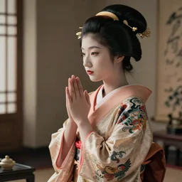 an android geisha praying, looking left, wearing a flowing kimono and tattoos, octane render, unreal engine, 8 k, cinematic, artwork by ilya kuvshinov
