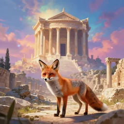 A beautiful small fox in the huge ruins of the second temple in Jerusalem :: Dreamy sky :: The third temple hovers quietly in the sky above :: Very colorful painting 8k trending on art station :: Intricate details, very realistic, cinematic lighting, volumetric lighting, photographic blur bokeh defocus dof sky