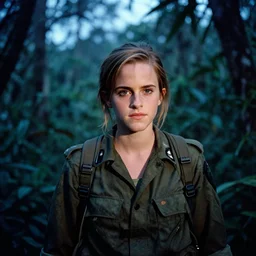 film still, close up, portrait, emma watson soldier hiking through dense vietnam jungle, blue hour dawn, associated press, award winning, film still from apocalypse now ( 1 9 7 9 ), 2 6 mm, kodak ektachrome, blue tint ektachrome film,