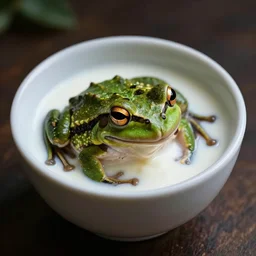a frog in yogurt macro photograph