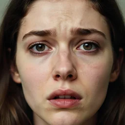 a candid extreme closeup portrait of an expressive face of a scared young woman by annie leibovitz