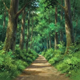complex forest and pathway from left to right, detailed panorama painting by tokio animation