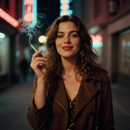 portrait of ecstatic mila kunis looking into the camera standing smoking a cigarette, neon street lights, 1 9 7 0 s, intricate, moody, personal, highly detailed, short focus depth, donato giancola, joseph christian leyendecker, frank frazetta, alex horley, ralph horsley, michael whelan, nikon d 8 1 0, f / 2. 5, focal length : 8 5. 0 mm, exposure time : 1 / 8 0 0, iso : 2 0 0