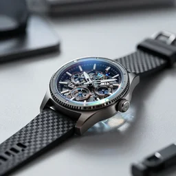 complex 3 d render of a futuristic watch lying on a table, minimalist design, high detail, sharp focus, iridescent glass, carbon fiber, glowing interior components, intricate detail, depth of field, bokeh, cinematic lighting and composition, octane render, film grain