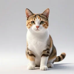 majestic calico kitten, clean 3d render, full body, isolated on a pure white background, centered, entire subject in frame, sharp focus, soft studio lighting