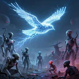 bird made of electricity flying in the sky ; humans being devoured ; aliens, robotic machines, gods, bio - mechanical intelligences, glitch creatures, dmt entity ; lsd art, trending on artstation, style greg rutkowski