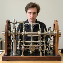 a random pointlessly elaborate intricate contraption pneumatic machine with no apparent purpose, being operated by a scholarly looking man with a clear directed gaze, xf iq 4, f / 1. 4, iso 2 0 0, 1 / 1 6 0 s, 8 k, raw, unedited, symmetrical balance, in - frame