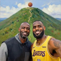 bobby hill and lebron james taking a selfie, nba, kill of the hill, oil on canvas, trending on artstation