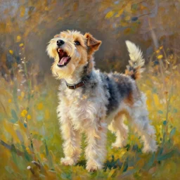 an oil painting of a wire - haired fox terrier barking all the time at golden hour painted by monet masterpiece 8 k