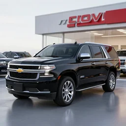 a black suv inspired by a 2 0 2 2 chevrolet suburban and 2 0 2 2 ford expedition parked in a vehicle dealership, a digital rendering, trending on cg society, regionalism, ultrafine detail, rendered in unreal engine, reimagined by industrial light and magic