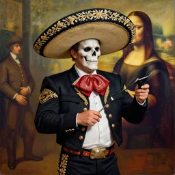 a t - 8 0 0 terminator as a mariachi band member, painting by leonardo da vinci, coherent, highly detailed, vibrant in color, n - 1 3