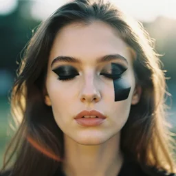 a vintage analog close up frontal face portrait photography of a beautiful woman wearing black cubism makeup by maxim nikolaev. long hair. vogue. closed eyes. kodak portra 8 0 0 film. shallow depth of field. ( depth of field ). whirl bokeh!!. golden hour. detailed. hq. realistic. warm light. muted colors. filmic. dreamy. lens flare. mamiya 7 ii, f / 1. 2, symmetrical balance, in - frame