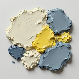 3 dimensional solid large fragments of solid oil paint, highly realistic deep impasto, colours cream naples yellow and blue - grey