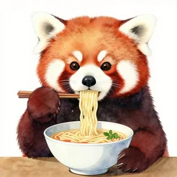 red panda eating ramen noodles, water color illustration, by miyazaki