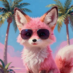 fennec fox, pink, palm trees, furry, cute, disney zootopia, concept art, aviator sunglasses, synthwave style, artstation, detailed, award winning, dramatic lighting, miami vice, oil on canvas, GTA