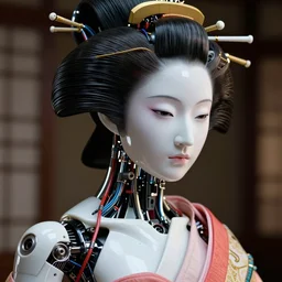 portrait of a beautiful japanese robotic geisha with wires and actuators, porcelain white face, dramatic lighting, hyper - realistic, ultra - realistic, intricate details, japanese model, 8 k ultra high definition, octane render