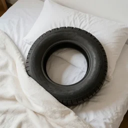 tire resting on a pillow in bed, half covered with blanket, top view
