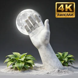 a hand sculpted out of marble reaching desperately from the earth, moon in background, + flowering hosta plants!!!, rule of thirds, clean linework, dramatic, award winning, 4 k, trending on artstation, photorealistic, volumetric lighting, octane render