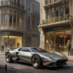 street scene, brutal architecture, detailed shop facades, retro futuristic concept cars, low profile tires, detailed chrome trim, jodhpurs greg manchess painting by sargent and leyendecker, cyberpunk 2 0 7 7 concept intricate elegant illustration forza, by greg rutkowski by greg tocchini by james gilleard