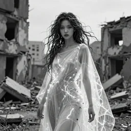 highly detailed, black and white, androgynous goddess with flowing hair made of wired and a glowing see through vail type dress, in the background is the remnants of  a abandoned modern city falling apart, lifeless and dead