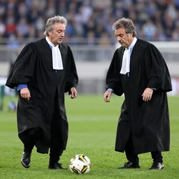 Mauricio Macri and judges in black robes playing football