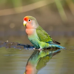 lovebird sitting in water, reflective, sunny day, landscape photography