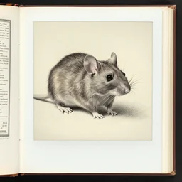 funny looking rat photo in a book page, academic art, pencil sketch, polaroid, 18th century atlas, 1900s photograph, detailed, realism
