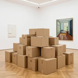 a giant pile of cardboard boxes in a white room with a parquet floor which is an art gallery, on the wall is a painting by anthony copely, interior photograph